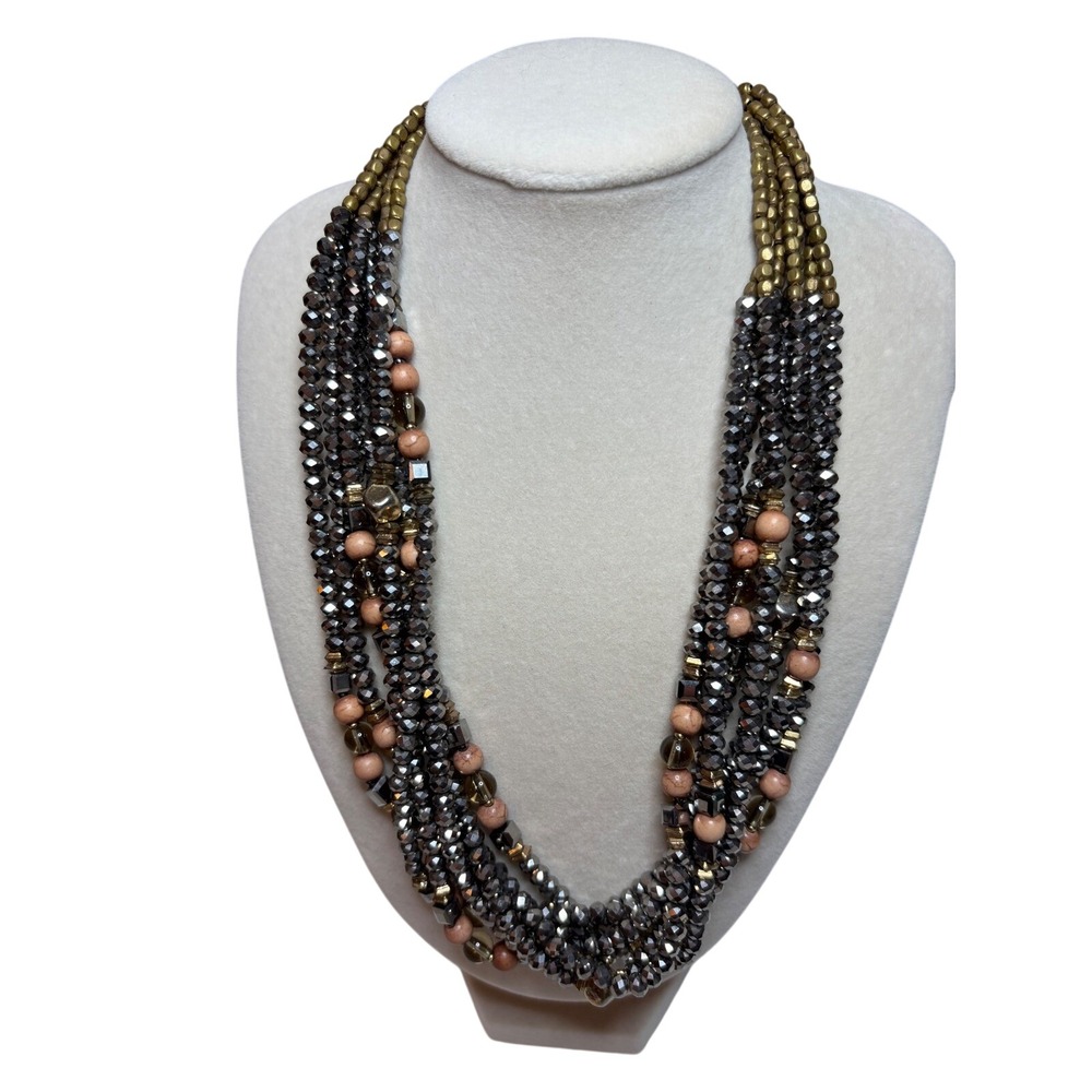 Nakamol Chicago Boho Multi-Strand Beaded Bib Statement Necklace Gunmetal Natural